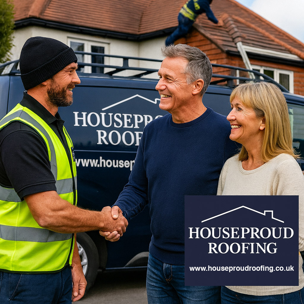 Satisfied houseproudroofing customers shaking roofers hand after successful roof repair