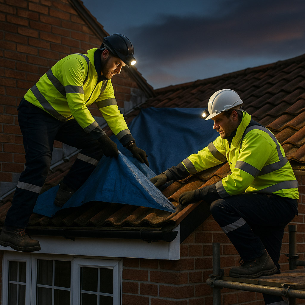 Emergency roofing team securing a storm-damaged roof with blue tarpaulin at night
