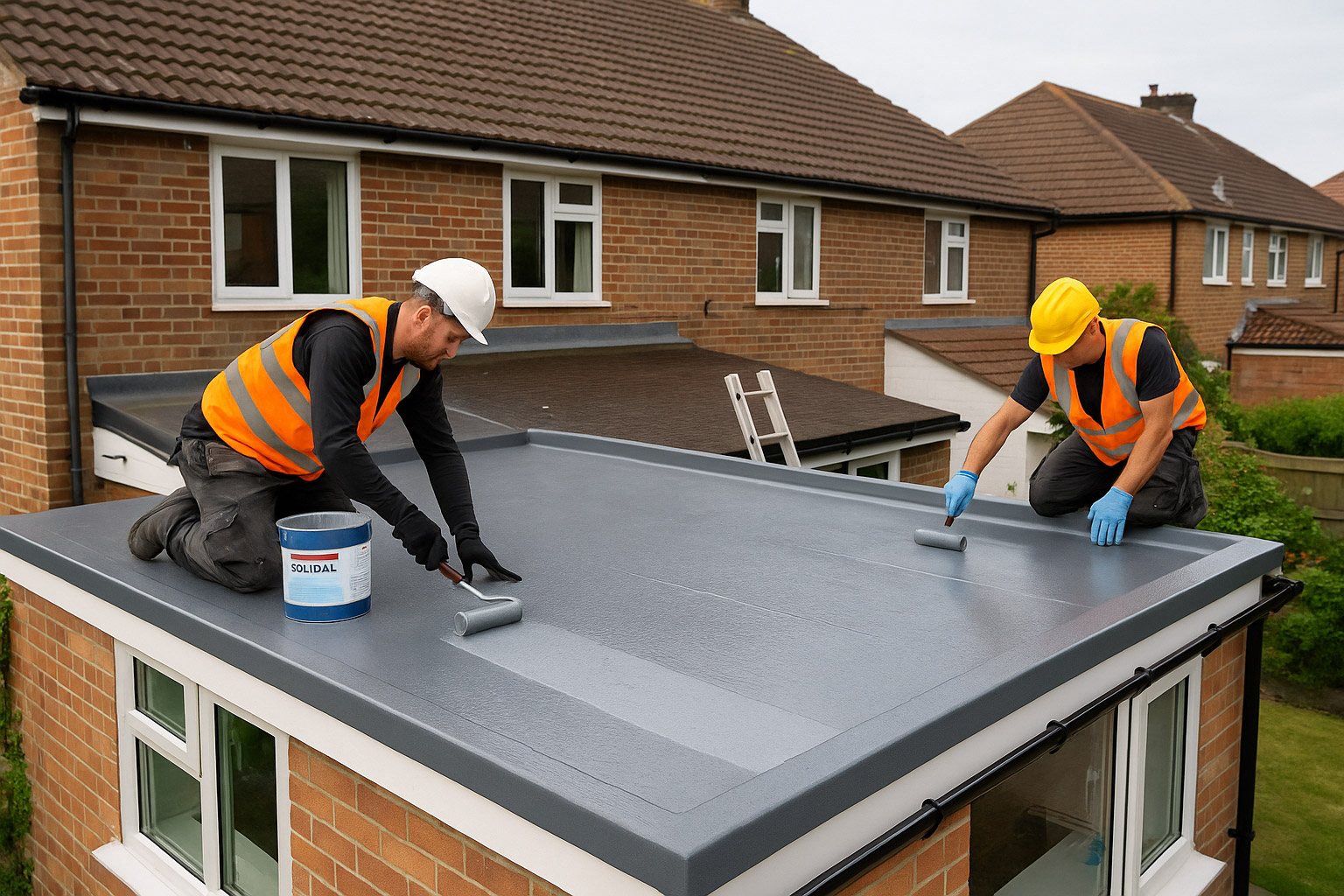 Flat roof installation using modern GRP fibreglass system on a UK house