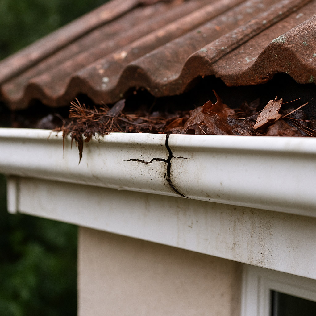 Damaged and blocked gutters requiring cleaning and repair