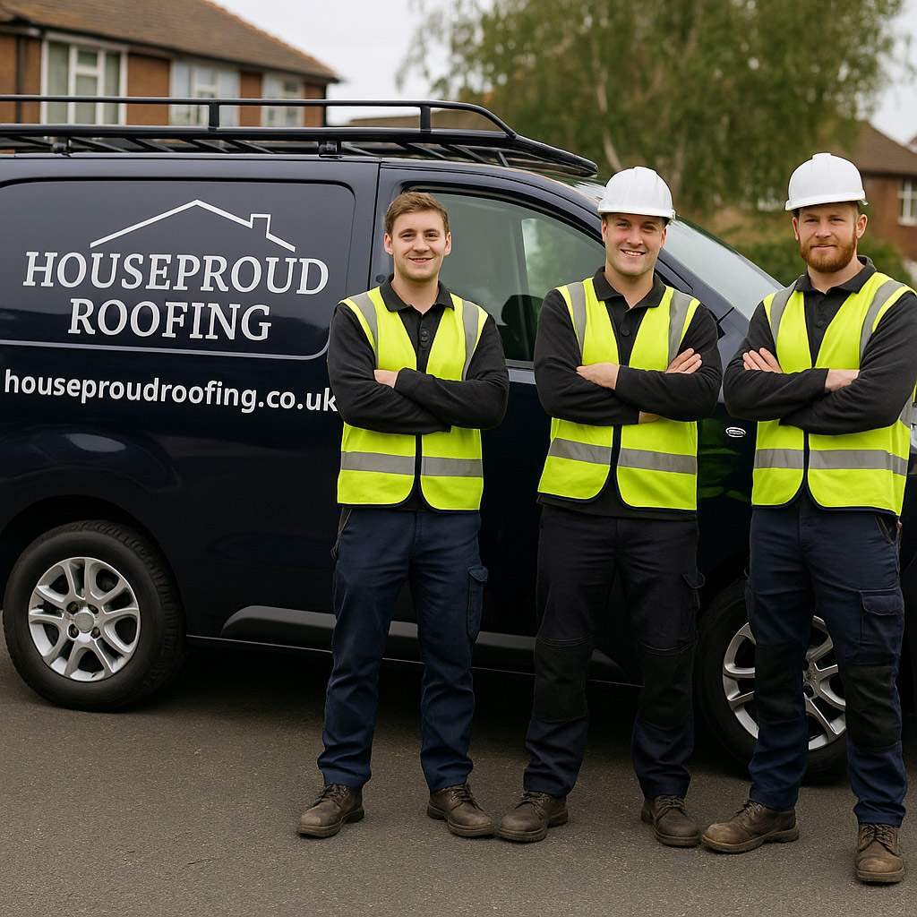 The HouseProud Roofing team of professional roofers standing beside their company van in South East London