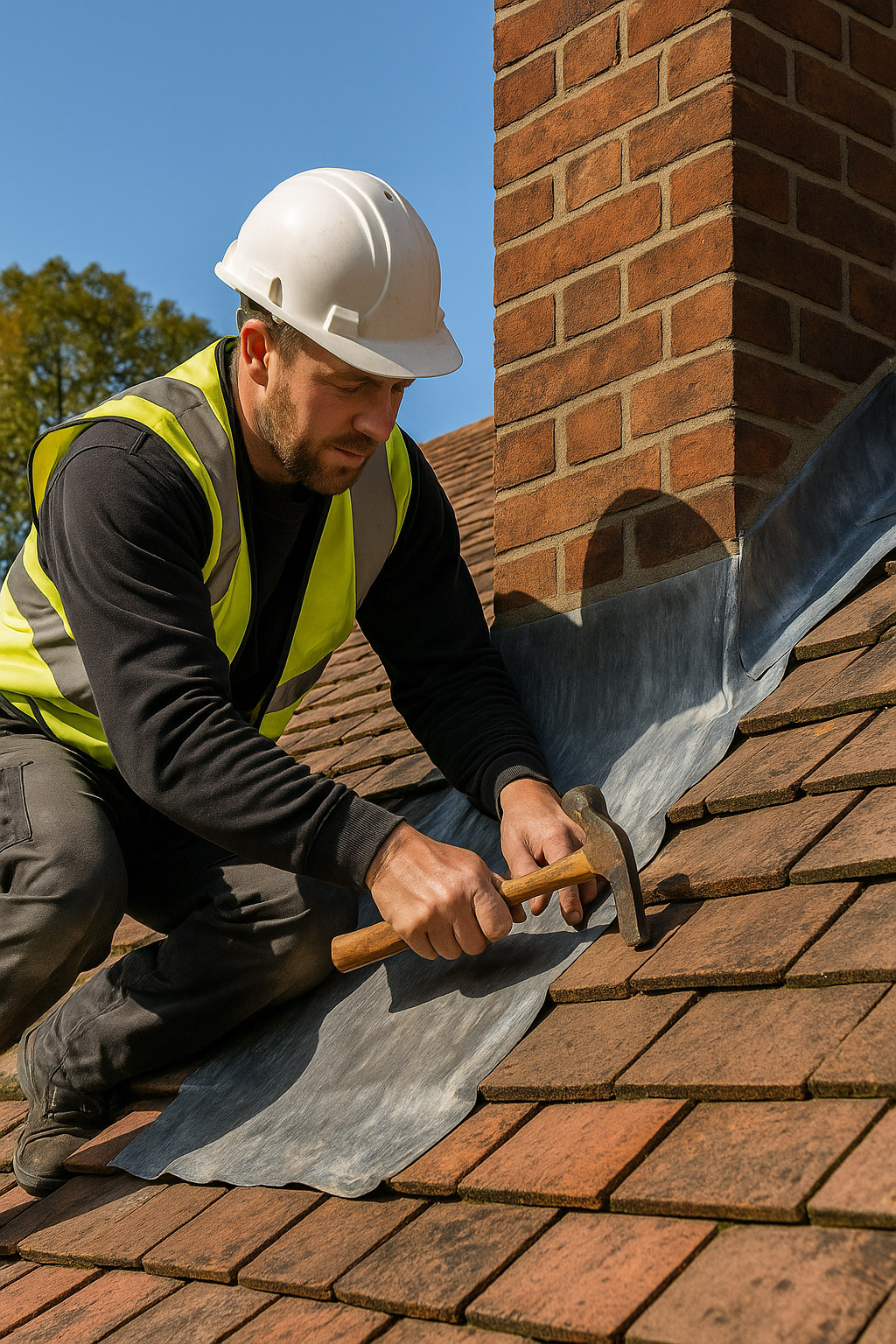 Roofer installing lead flashing around a red brick chimney on a UK home
