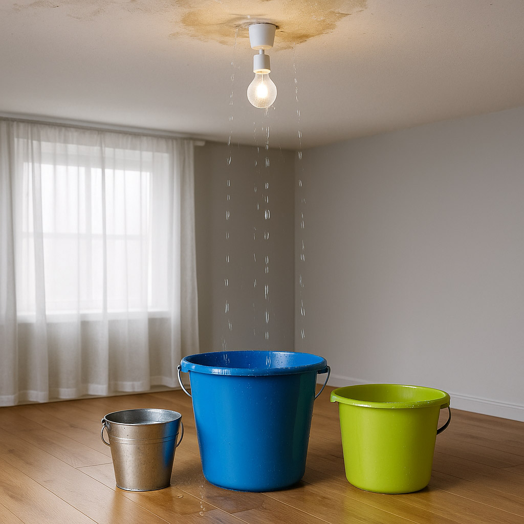 Water leak on ceiling from damaged roof - roof repair urgently needed