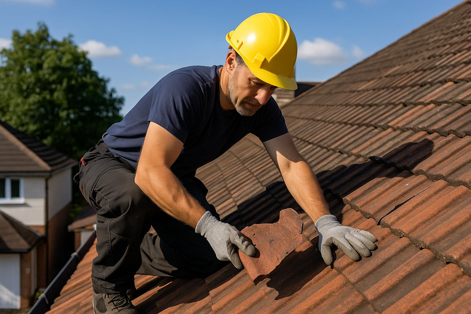 Professional roofer repairing damaged roof tiles on a UK home