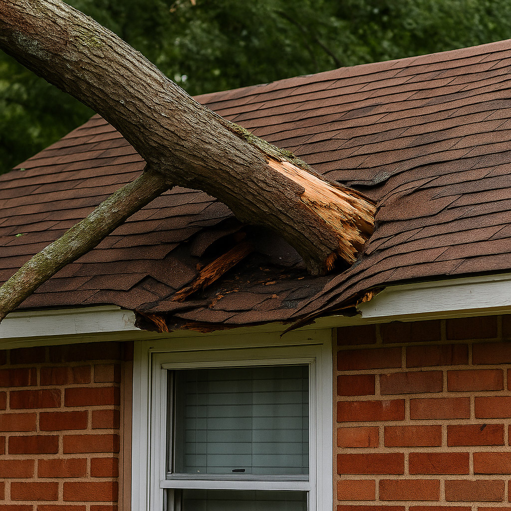 Storm damaged roof with fallen tree branch - emergency roof repair needed